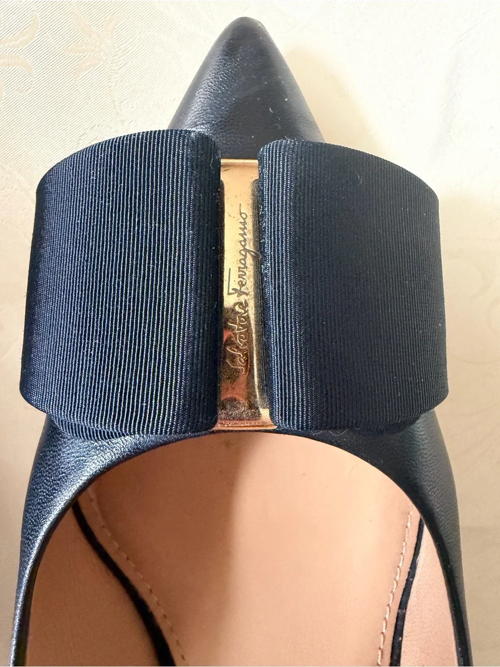 Salvatore Ferragamo Black Pointed Toe Pumps with Vara Bow and Gold Accent